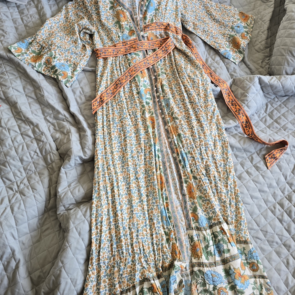 Cream, Orange, And Blue Long Button Up Dress with Bell Sleeves